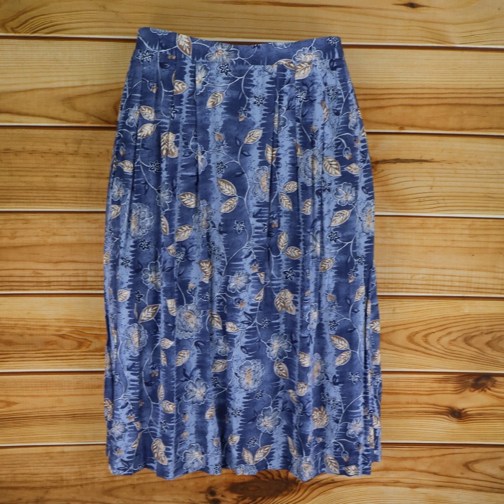 Bentley Long Pleated Skirt Womens 18W Blue Floral Leaves Pockets‎ Stretch Waist